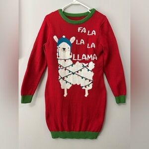 Christmas Sweater Cute Long Dress Women’s Ugly  Red Fa La La Llama Lights Size M